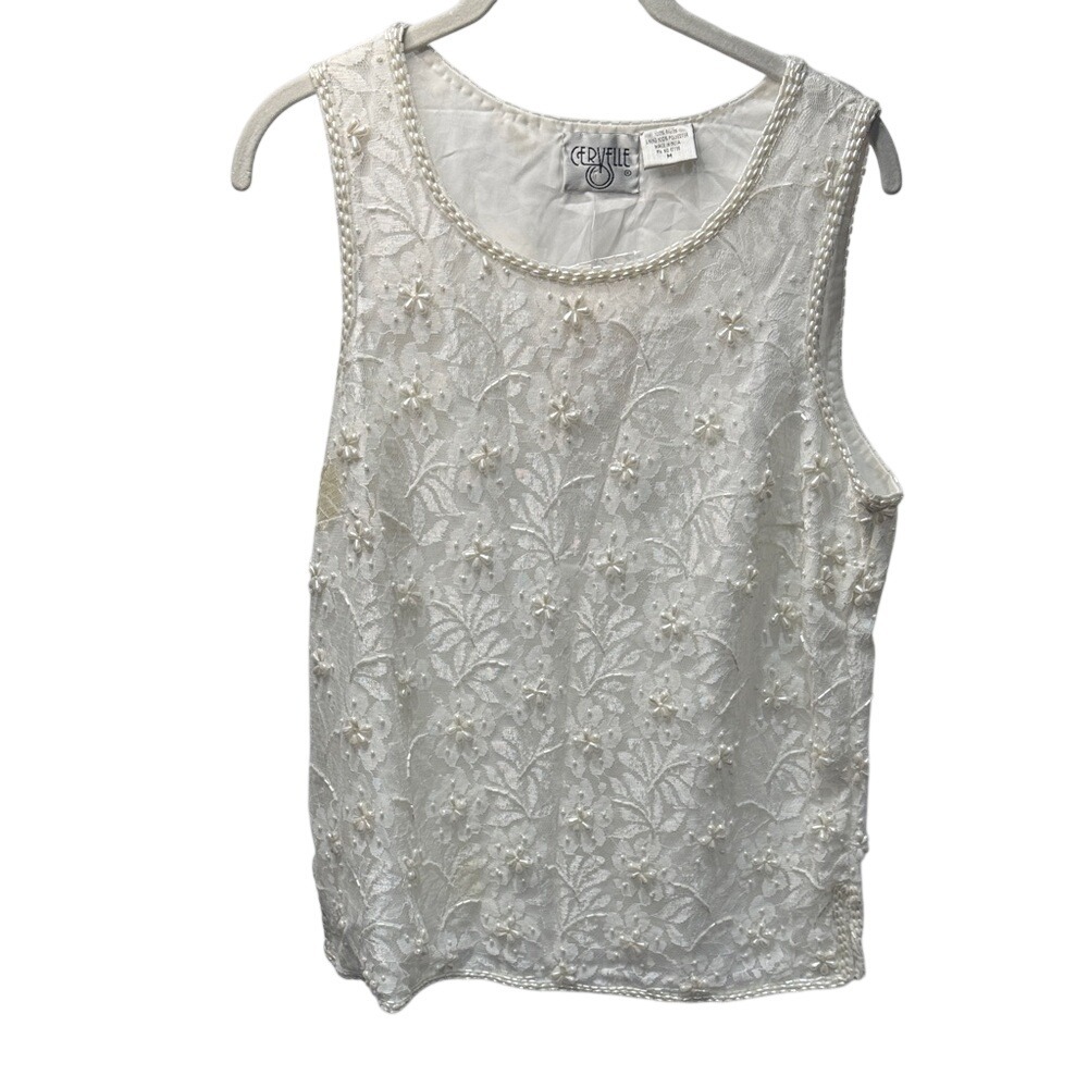 Cervelle Vintage Ivory Floral Lace‎ Beaded Faux Pearl Shell Top JB-1410 Mens M